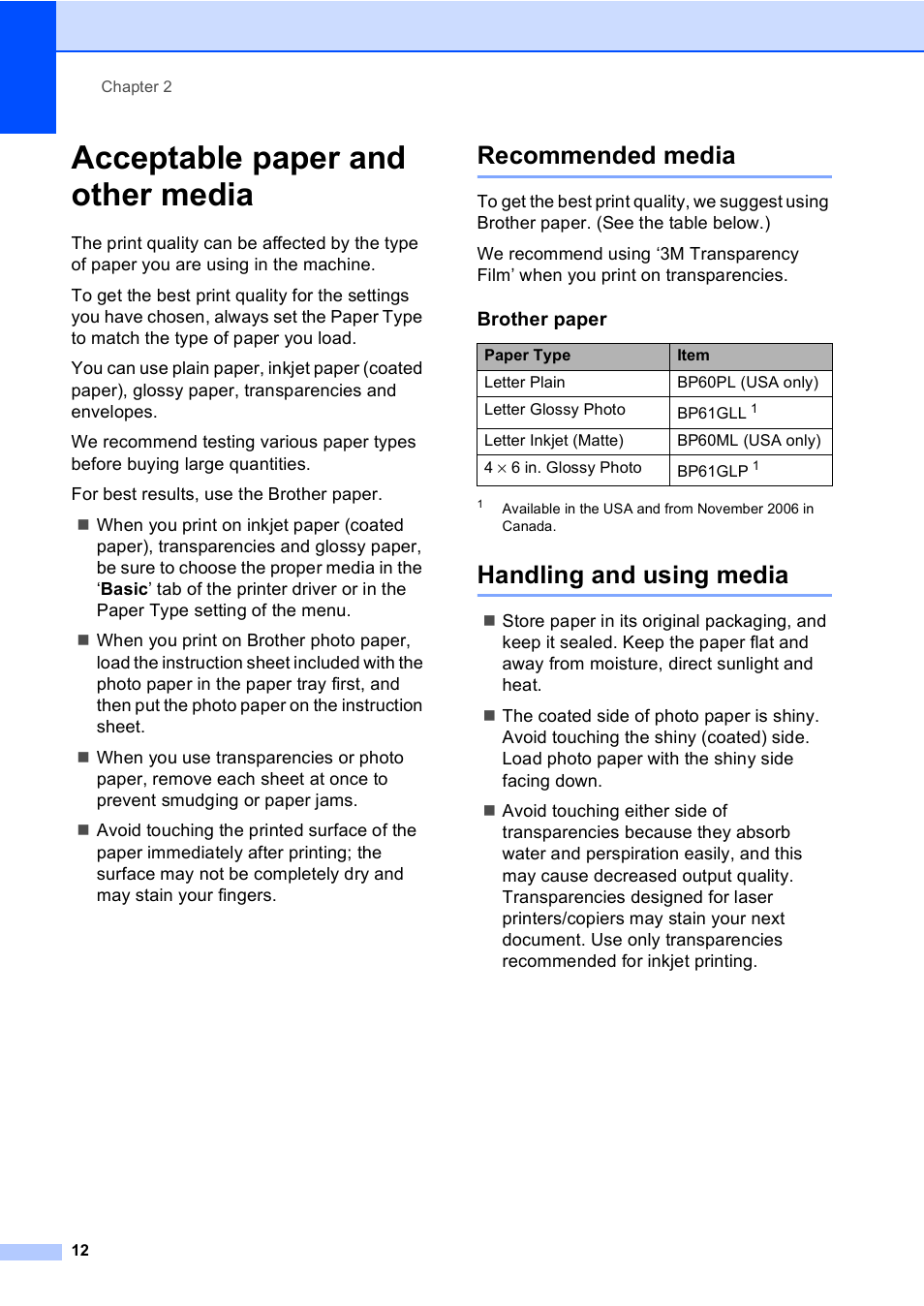 Acceptable paper and other media, Recommended media, Handling and using media | Recommended media handling and using media | Brother DCP-330C User Manual | Page 24 / 116