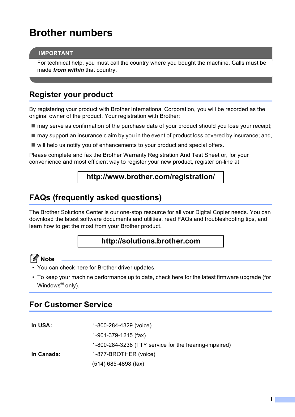 Brother numbers, Register your product, Faqs (frequently asked questions) | For customer service | Brother DCP-330C User Manual | Page 3 / 116