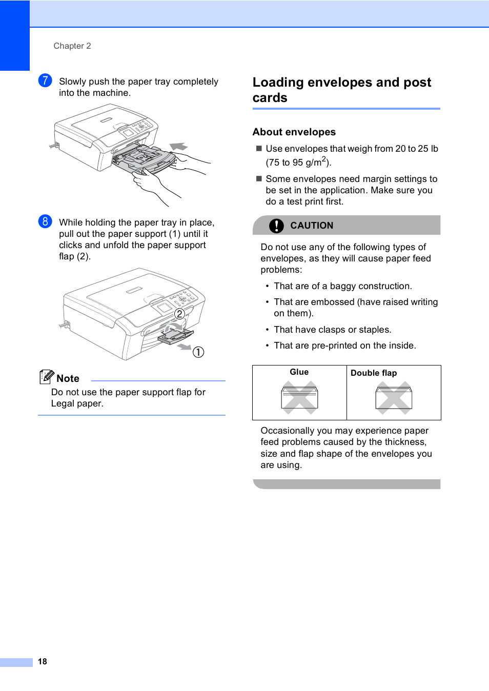 Loading envelopes and post cards, About envelopes, Do not use the paper support flap for legal paper | Brother DCP-330C User Manual | Page 30 / 116