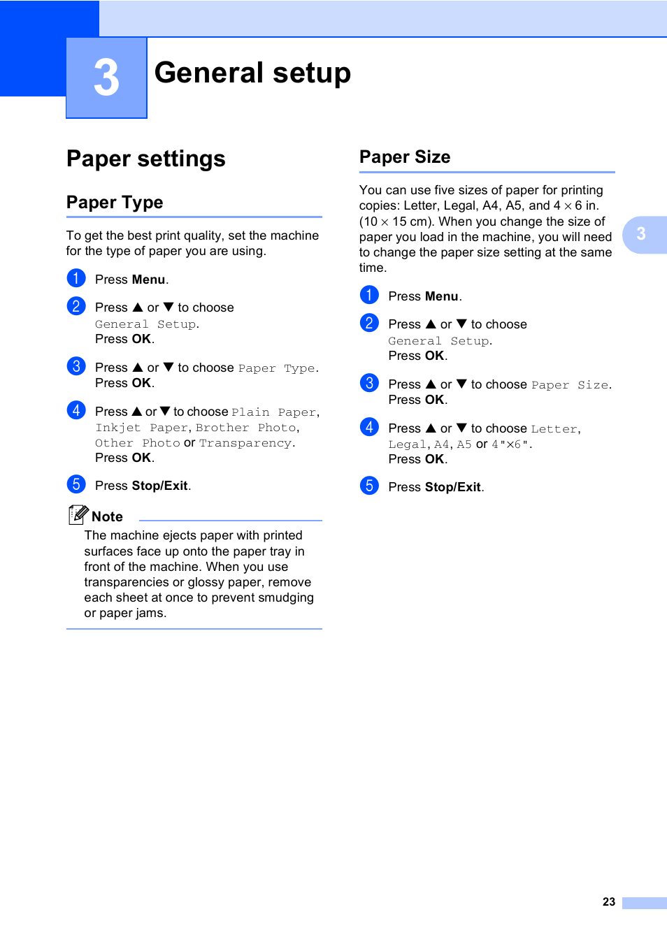 3 general setup, Paper settings, Paper type | Paper size, General setup, Paper type paper size | Brother DCP-330C User Manual | Page 35 / 116