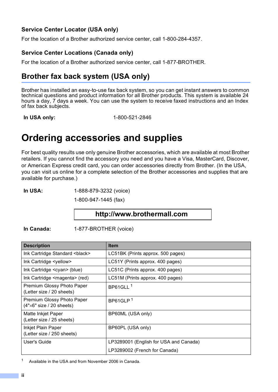 Brother fax back system (usa only), Ordering accessories and supplies | Brother DCP-330C User Manual | Page 4 / 116