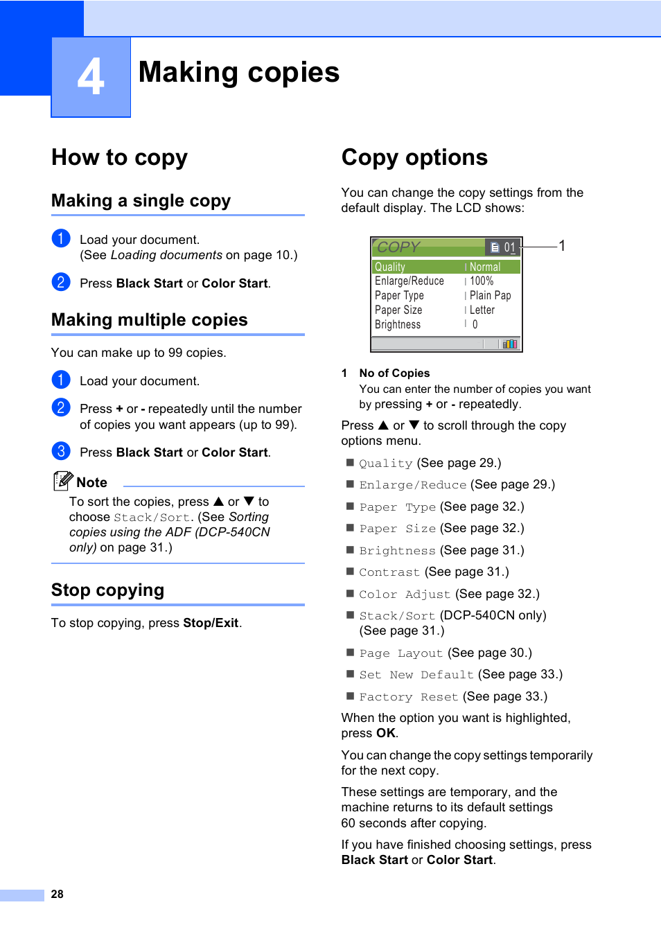 4 making copies, How to copy, Making a single copy | Making multiple copies, Stop copying, Copy options, Making copies | Brother DCP-330C User Manual | Page 40 / 116