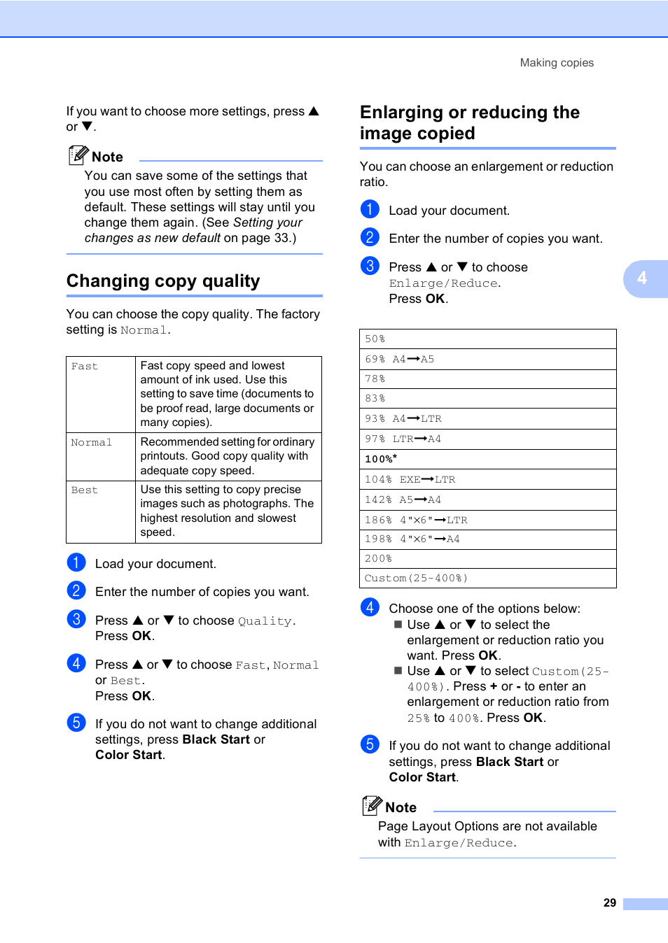 Changing and quality, Enlarging or reducing the image copied, Changing copy quality | Brother DCP-330C User Manual | Page 41 / 116