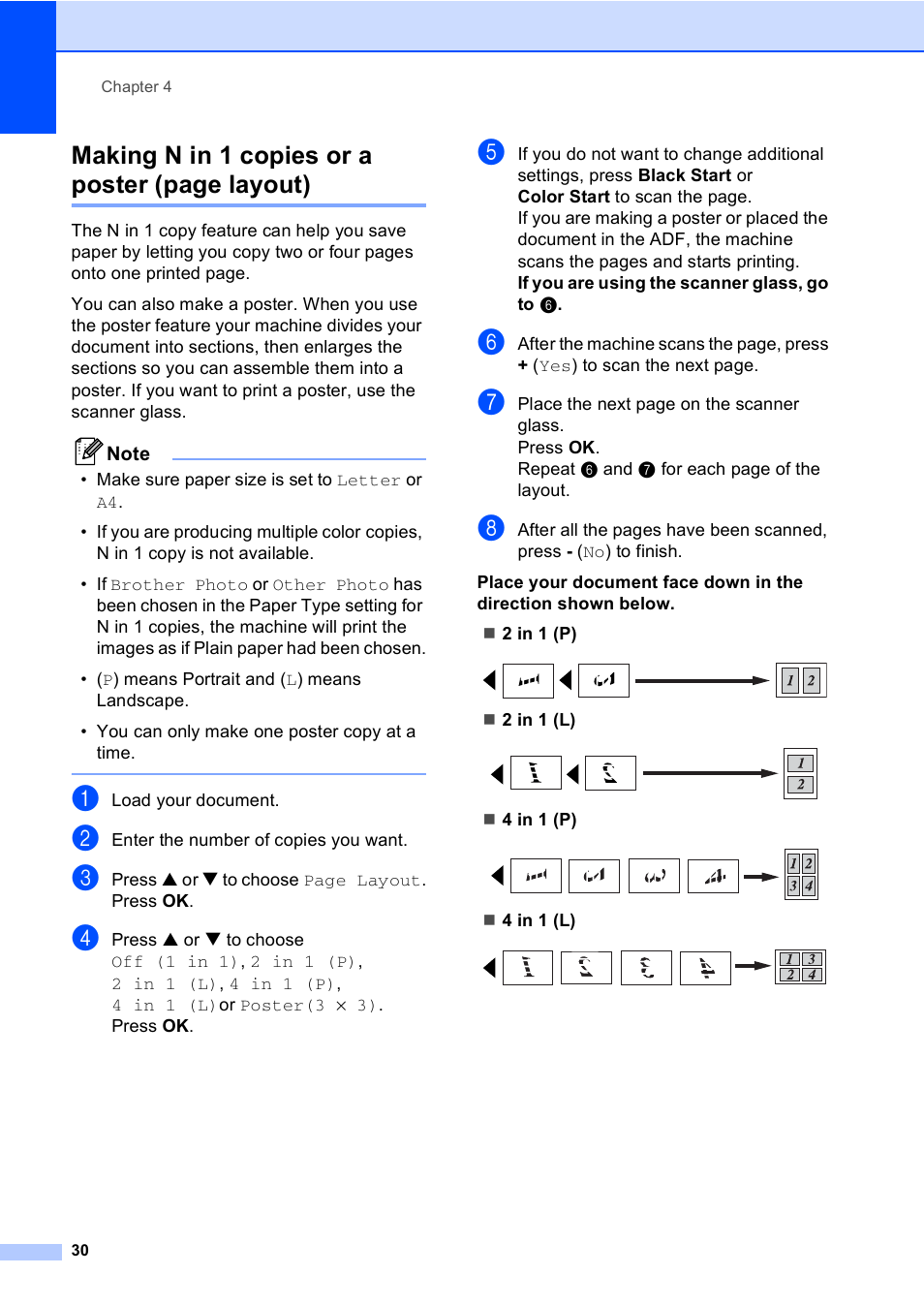 Making n in 1 copies or a poster (page layout) | Brother DCP-330C User Manual | Page 42 / 116