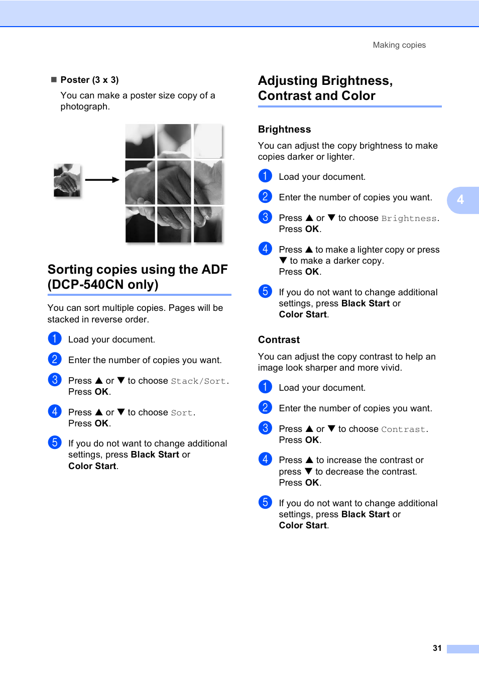 Sorting copies using the adf (dcp-540cn only), Adjusting brightness, contrast and color, Brightness | Contrast | Brother DCP-330C User Manual | Page 43 / 116