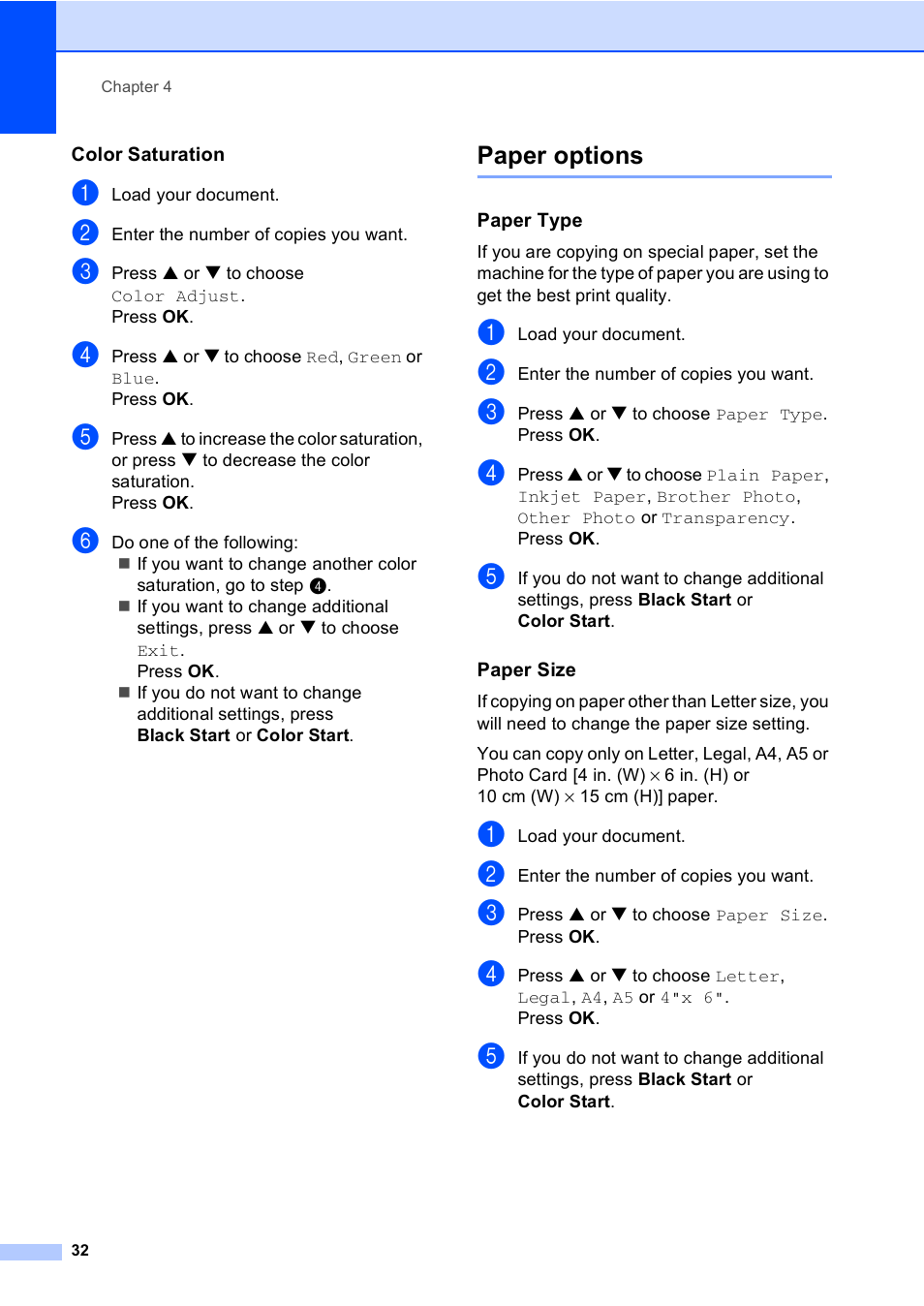 Color saturation, Paper options, Paper type | Paper size | Brother DCP-330C User Manual | Page 44 / 116