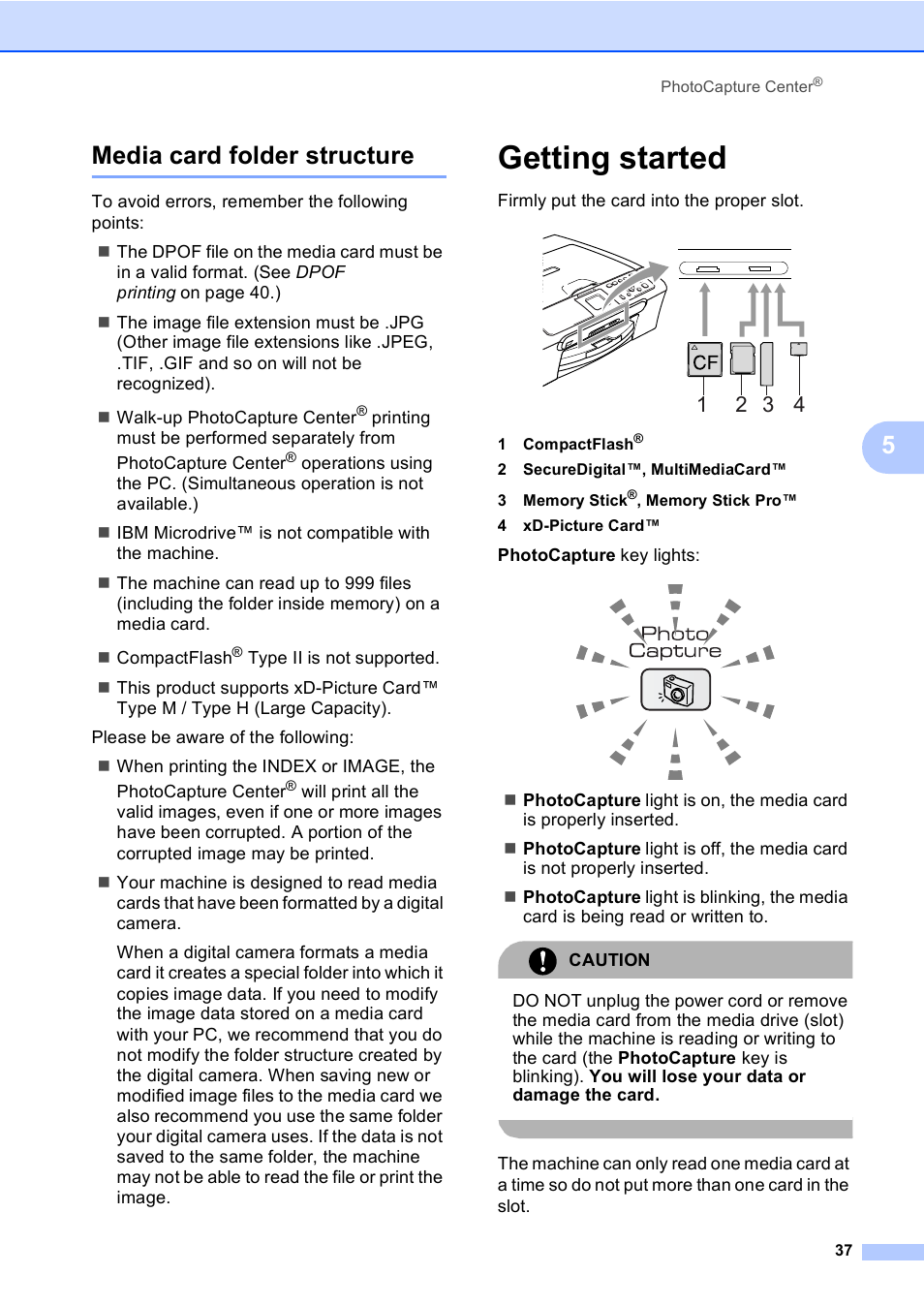 Media card folder structure, Getting started, 5media card folder structure | Brother DCP-330C User Manual | Page 49 / 116