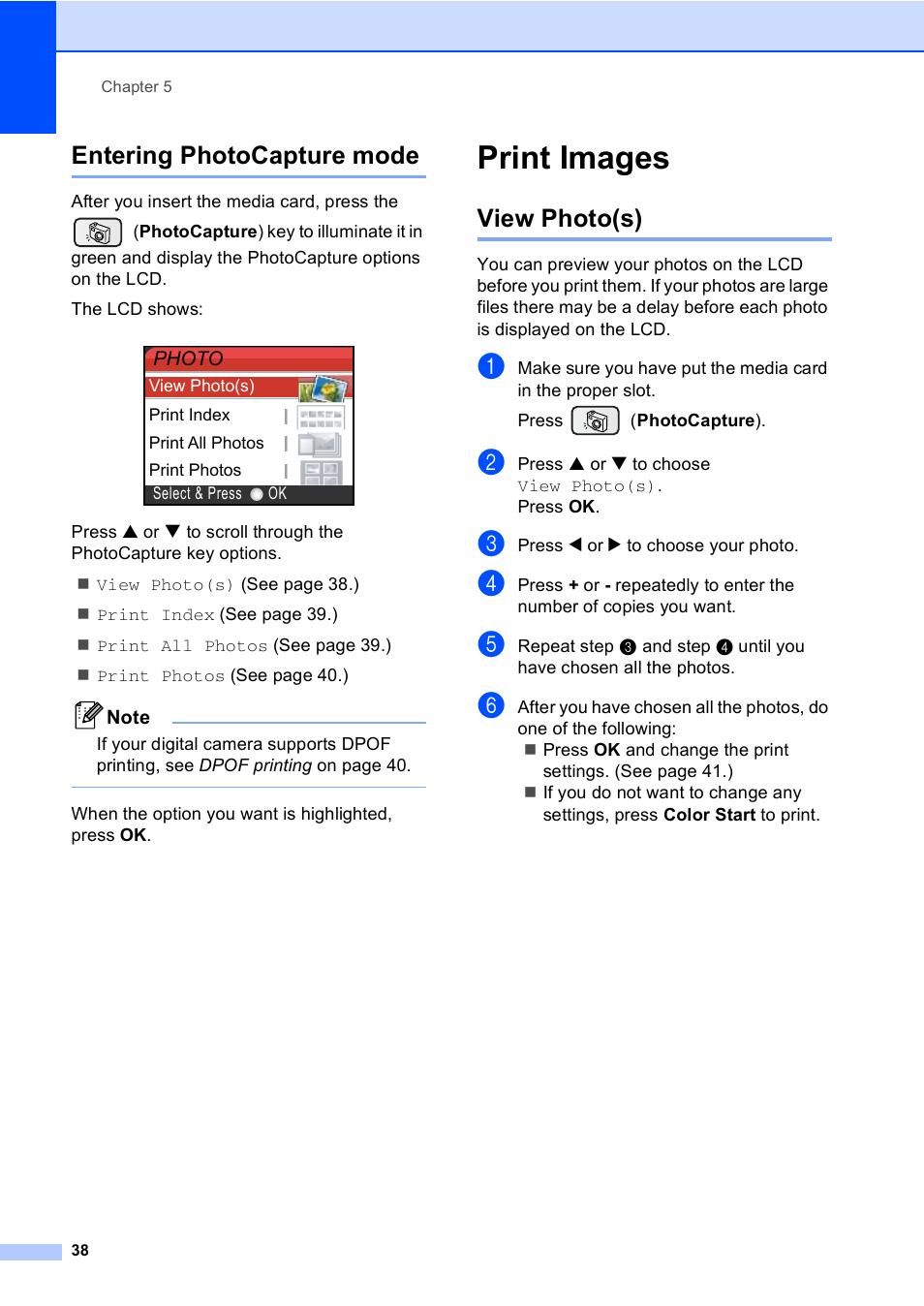 Entering photocapture mode, Print images, View photo(s) | Brother DCP-330C User Manual | Page 50 / 116
