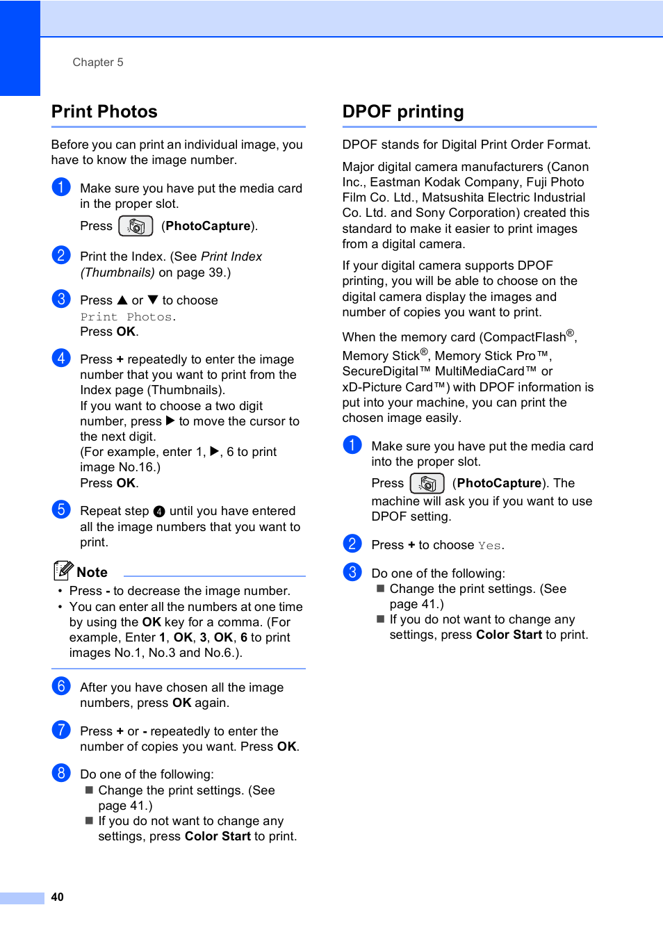 Print photos, Dpof printing, Print photos dpof printing | Brother DCP-330C User Manual | Page 52 / 116