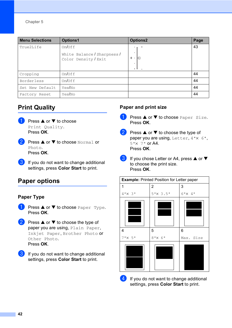 Print quality, Paper options, Paper type | Paper and print size, Print quality paper options | Brother DCP-330C User Manual | Page 54 / 116