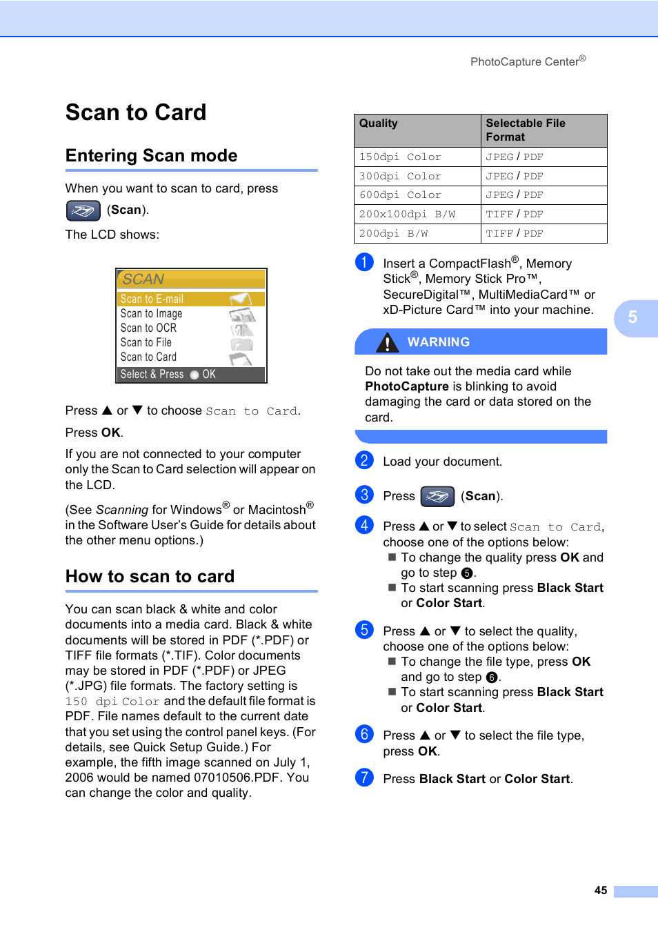 Scan to card, Entering scan mode, How to scan to card | Entering scan mode how to scan to card, Scan | Brother DCP-330C User Manual | Page 57 / 116