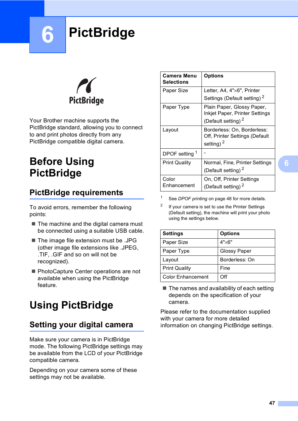 6 pictbridge, Before using pictbridge, Pictbridge requirements | Using pictbridge, Setting your digital camera, Pictbridge | Brother DCP-330C User Manual | Page 59 / 116