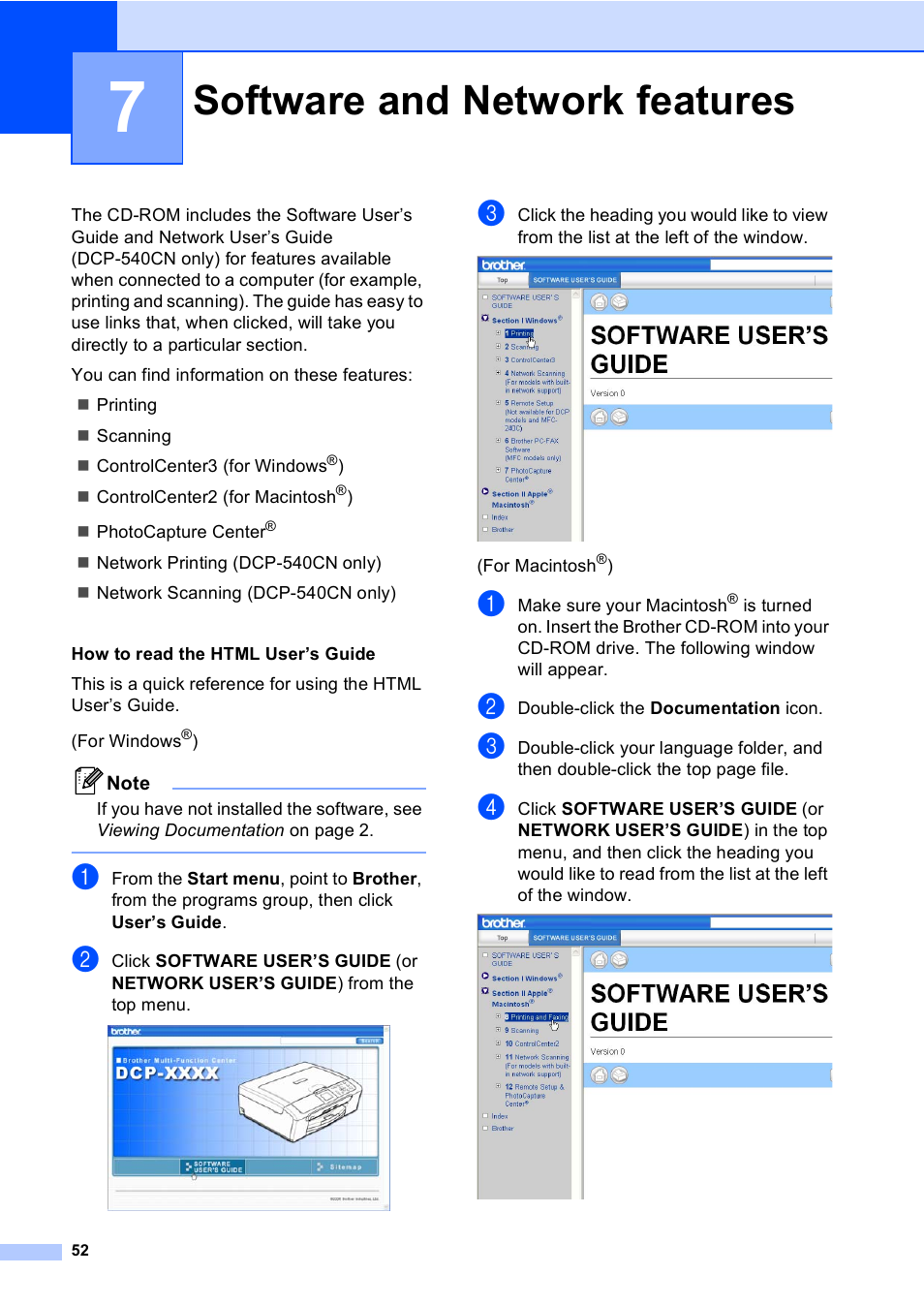 7 software and network features, Software and network features | Brother DCP-330C User Manual | Page 64 / 116