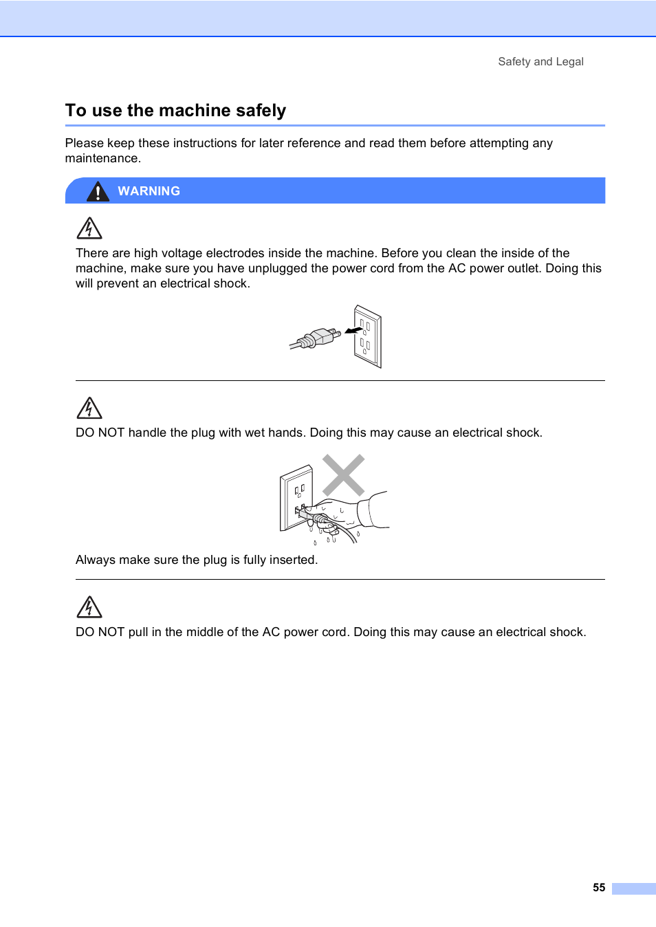 To use the machine safely, Always make sure the plug is fully inserted, Safety and legal 55 | Brother DCP-330C User Manual | Page 67 / 116