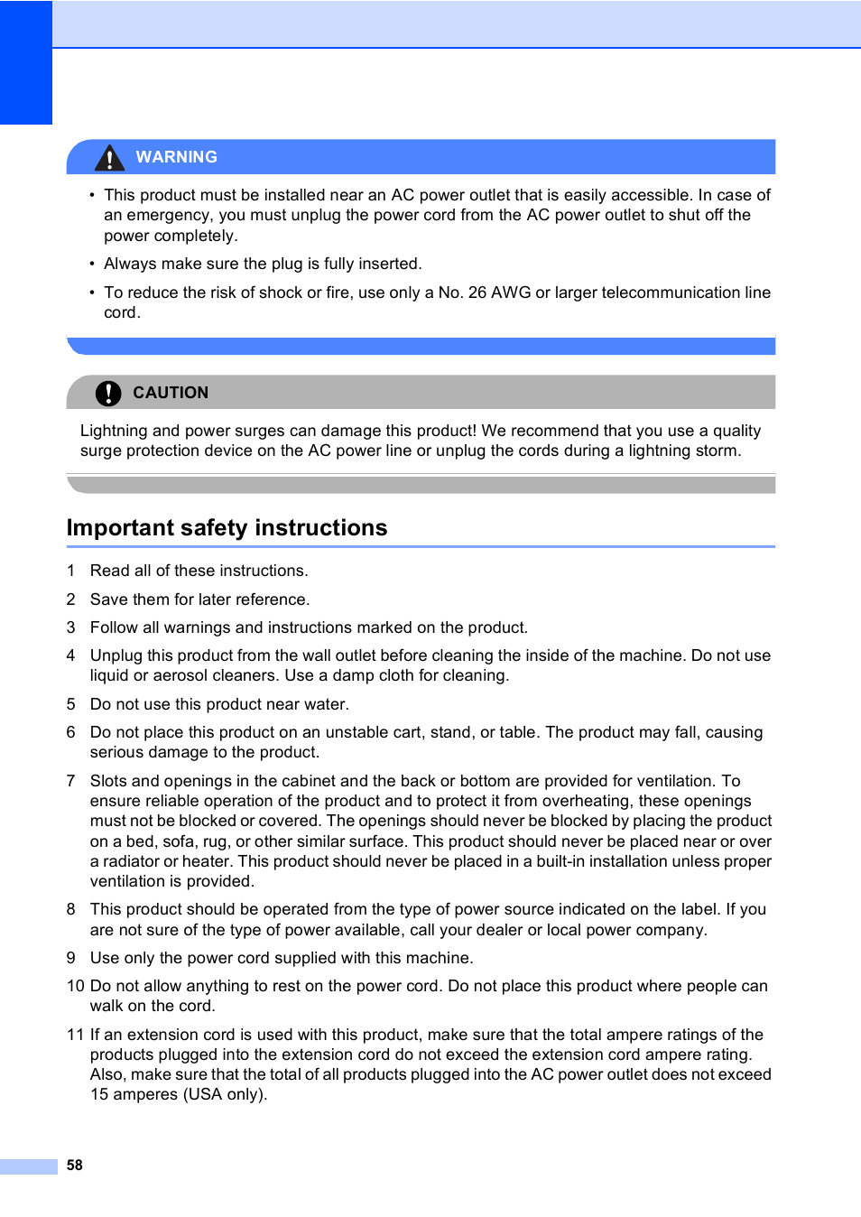 Important safety instructions | Brother DCP-330C User Manual | Page 70 / 116