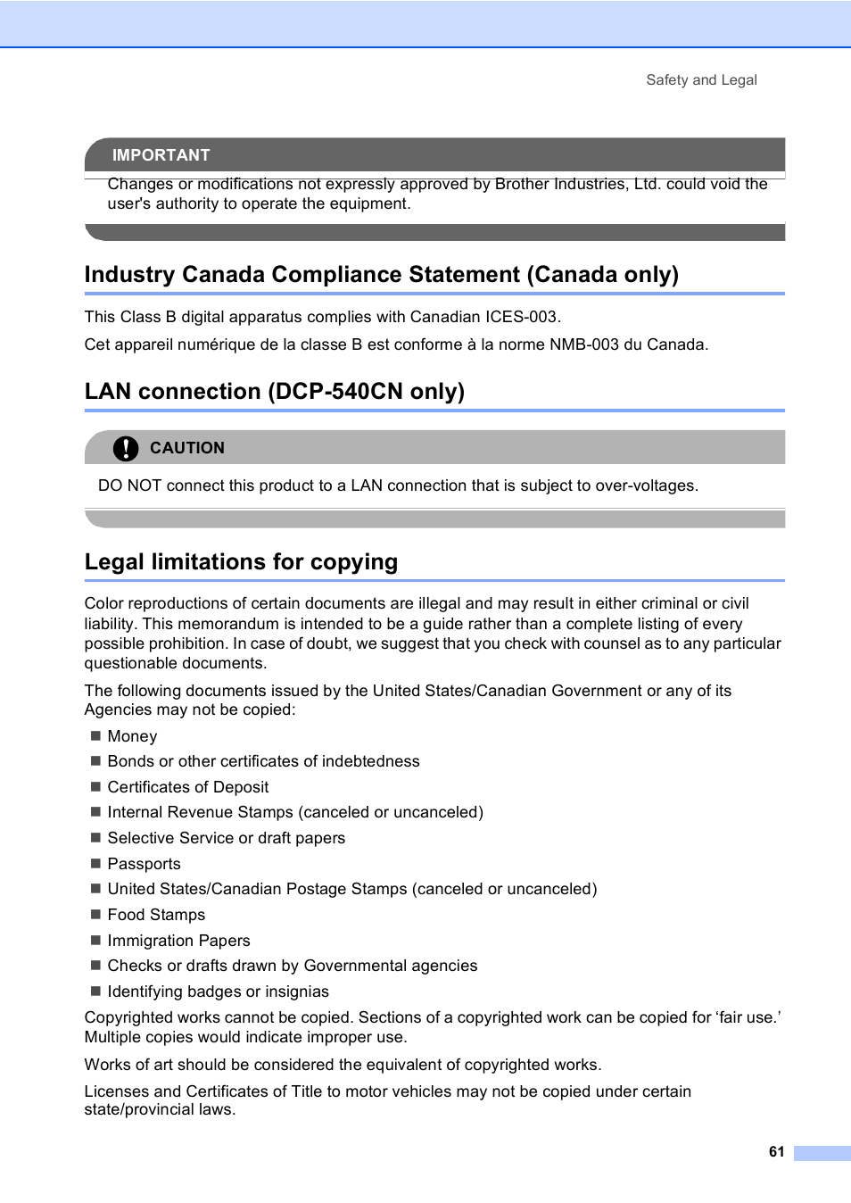Industry canada compliance statement (canada only), Lan connection (dcp-540cn only), Legal limitations for copying | Brother DCP-330C User Manual | Page 73 / 116