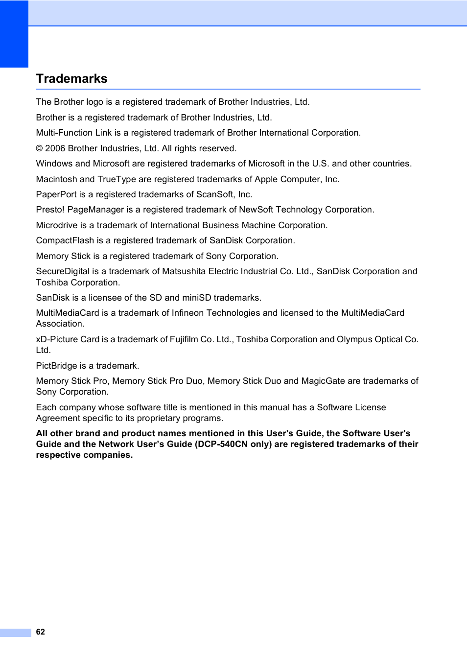 Trademarks | Brother DCP-330C User Manual | Page 74 / 116