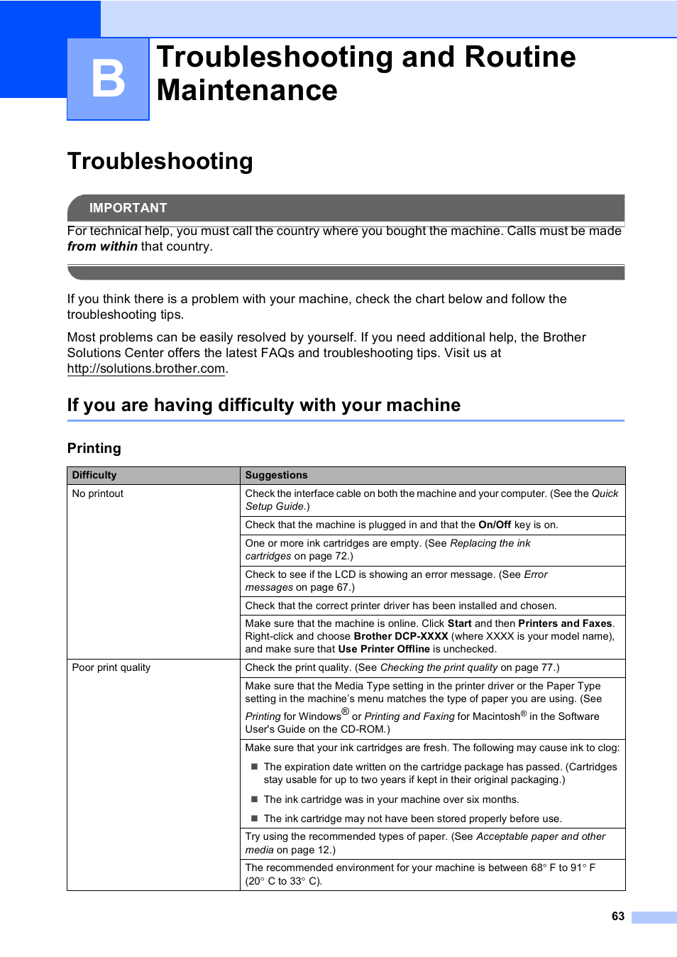 B troubleshooting and routine maintenance, Troubleshooting, If you are having difficulty with your machine | Troubleshooting and routine maintenance | Brother DCP-330C User Manual | Page 75 / 116
