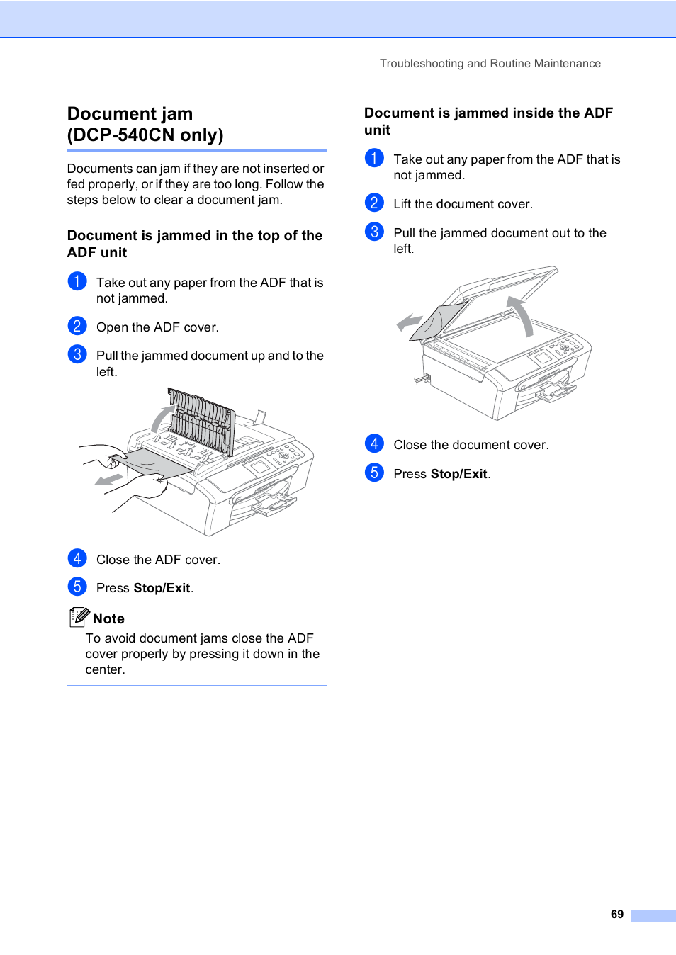 Document jam (dcp-540cn only), Document is jammed in the top of the adf unit, Document is jammed inside the adf unit | Brother DCP-330C User Manual | Page 81 / 116