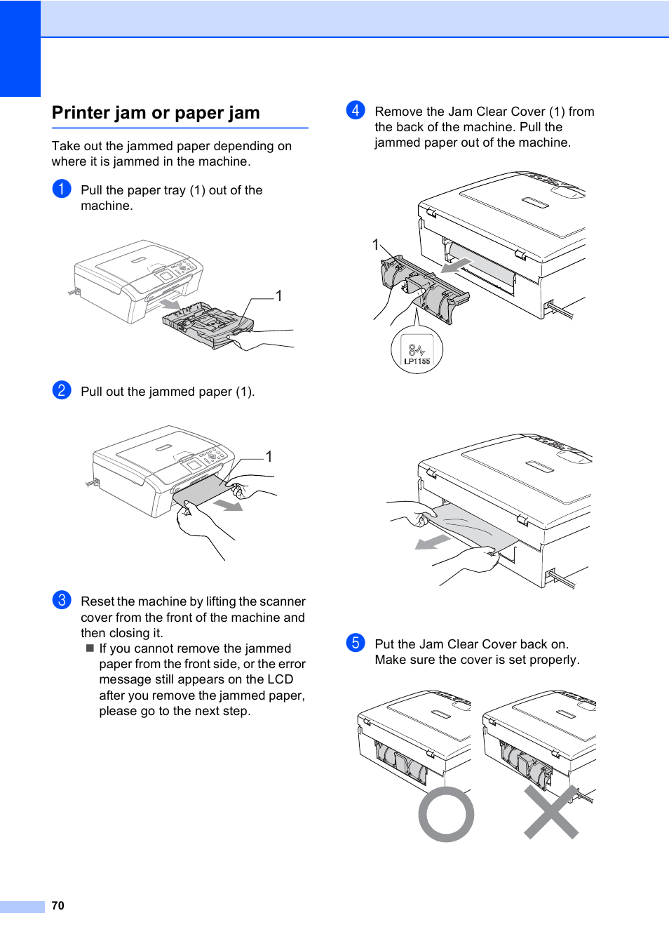 Printer jam or paper jam | Brother DCP-330C User Manual | Page 82 / 116