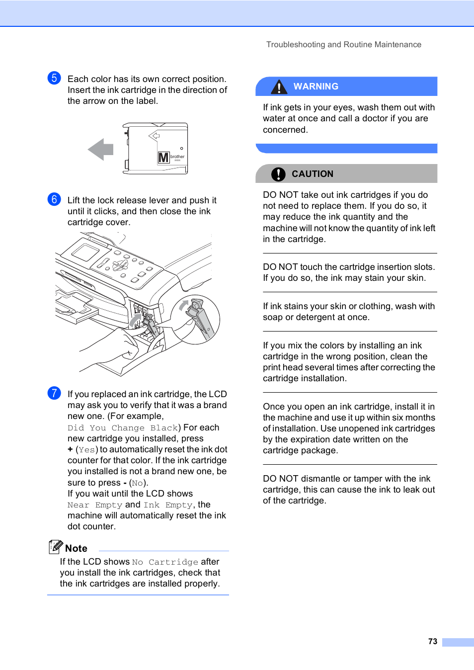 Warning, Caution, Troubleshooting and routine maintenance 73 | Brother DCP-330C User Manual | Page 85 / 116