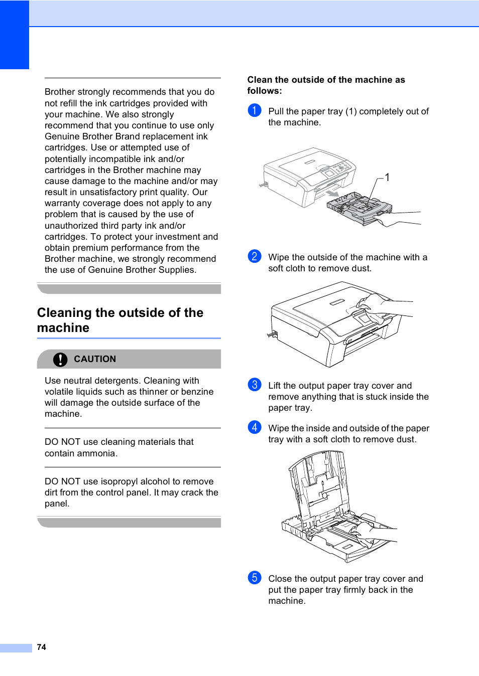Cleaning the outside of the machine, Caution, Do not use cleaning materials that contain ammonia | Clean the outside of the machine as follows | Brother DCP-330C User Manual | Page 86 / 116