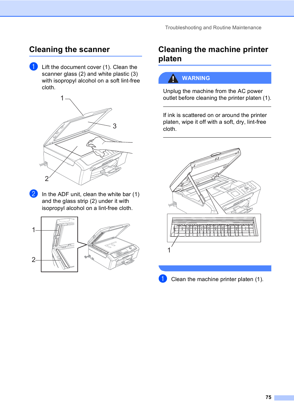Cleaning the scanner, Cleaning the machine printer platen | Brother DCP-330C User Manual | Page 87 / 116