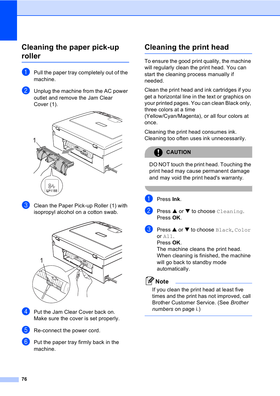Cleaning the paper pick-up roller, Cleaning the print head | Brother DCP-330C User Manual | Page 88 / 116
