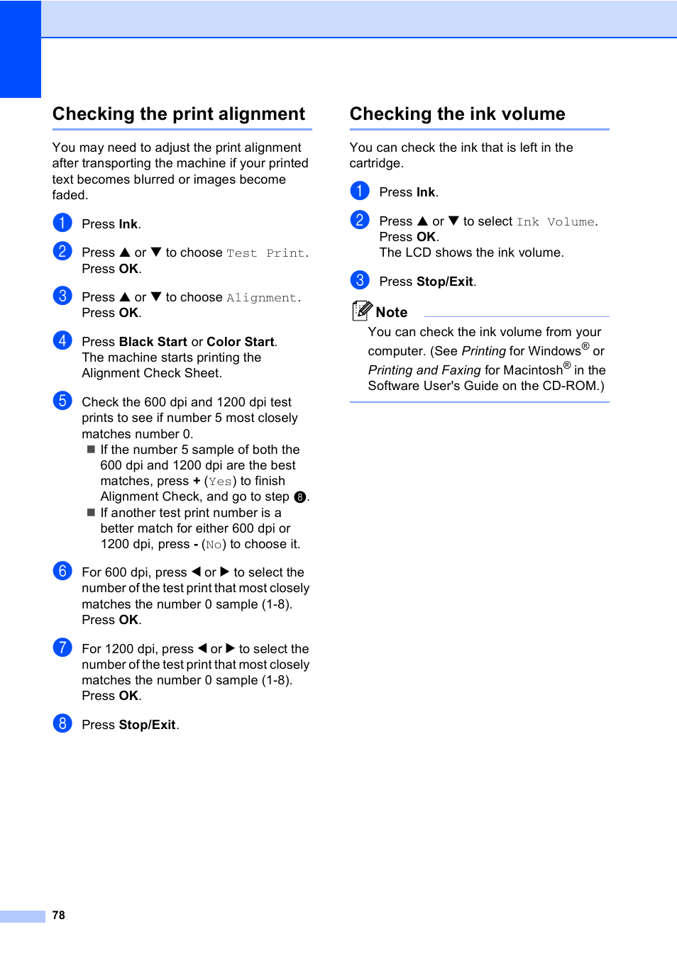 Checking the print alignment, Checking the ink volume | Brother DCP-330C User Manual | Page 90 / 116