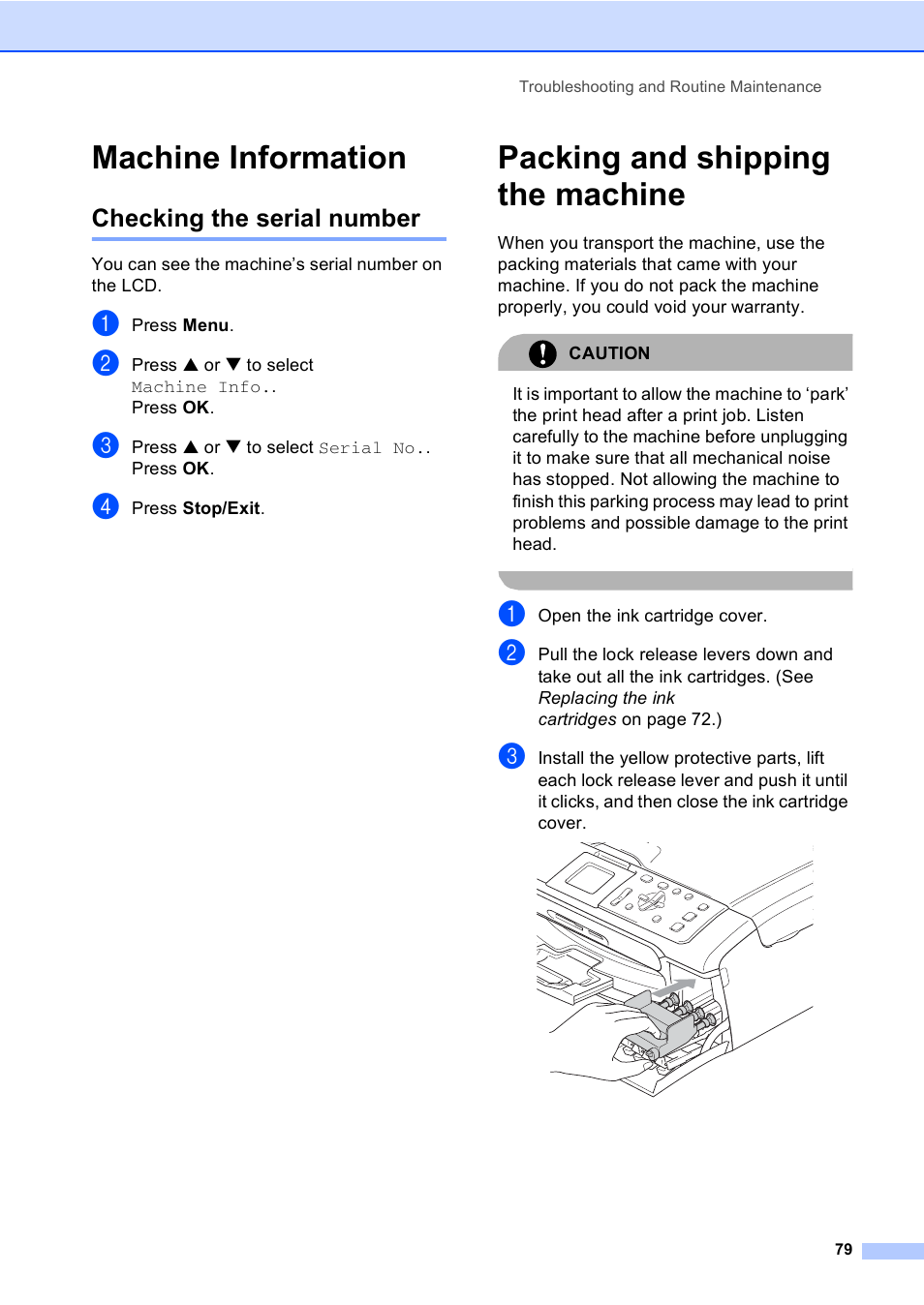 Machine information, Checking the serial number, Packing and shipping the machine | Brother DCP-330C User Manual | Page 91 / 116