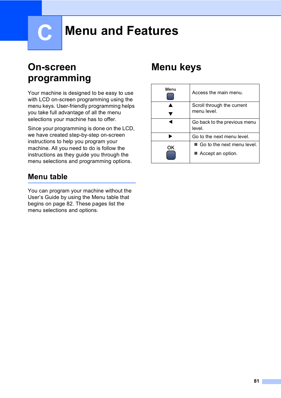 C menu and features, On-screen programming, Menu table | Menu keys, Menu and features | Brother DCP-330C User Manual | Page 93 / 116