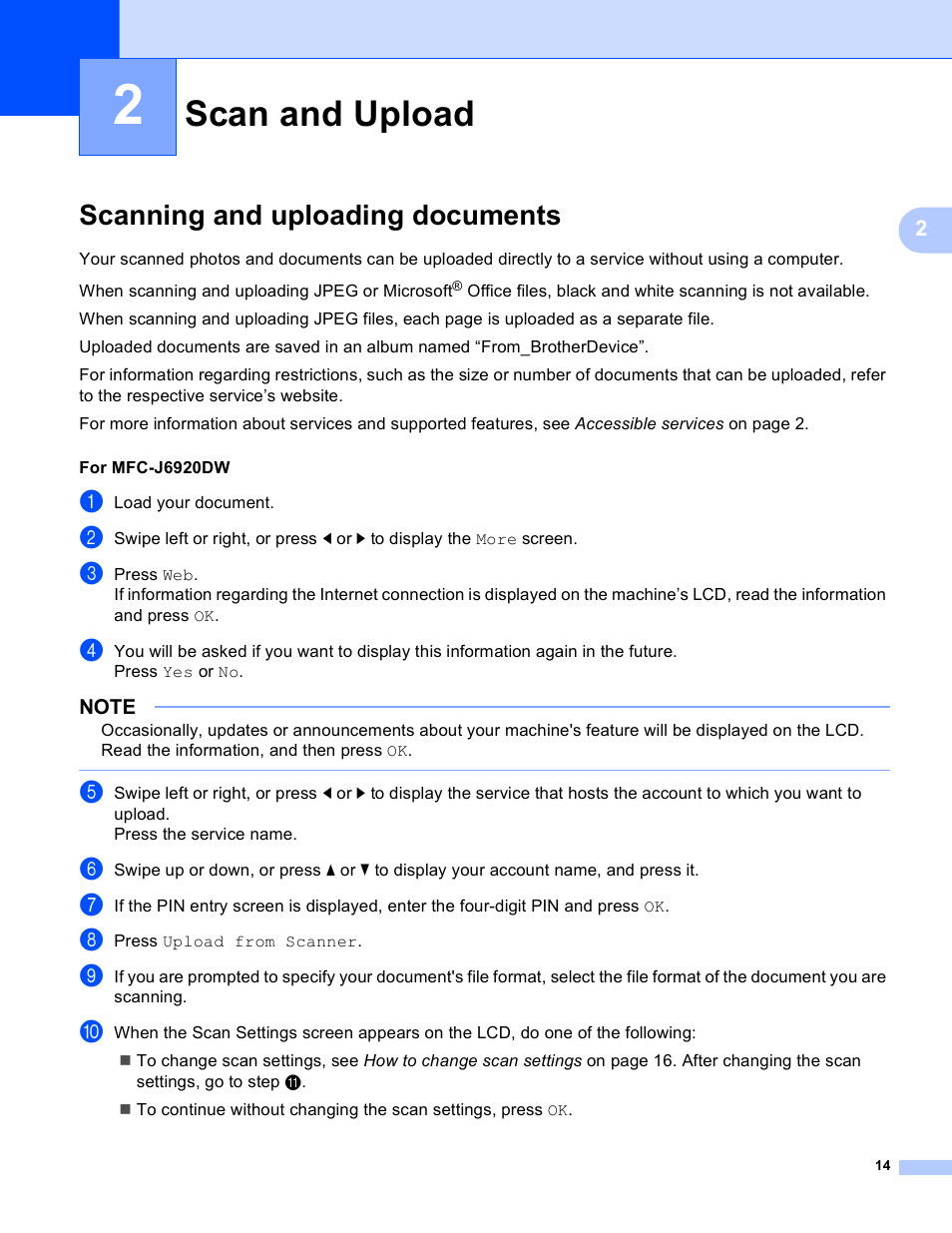 2 scan and upload, Scanning and uploading documents, Scan and upload | Brother MFC-J6520DW User Manual | Page 18 / 56