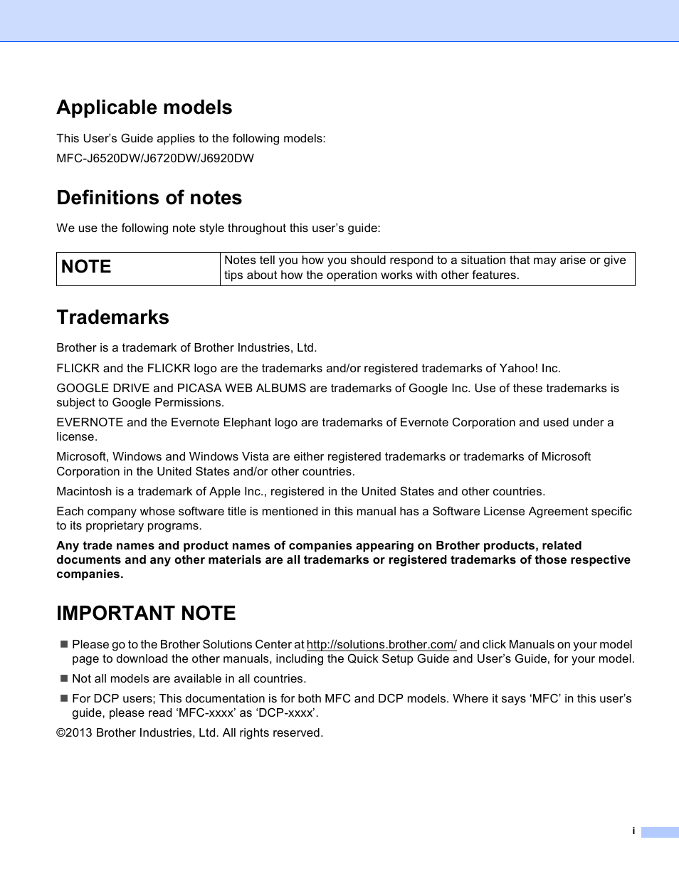 Applicable models, Definitions of notes, Trademarks | Important note | Brother MFC-J6520DW User Manual | Page 2 / 56