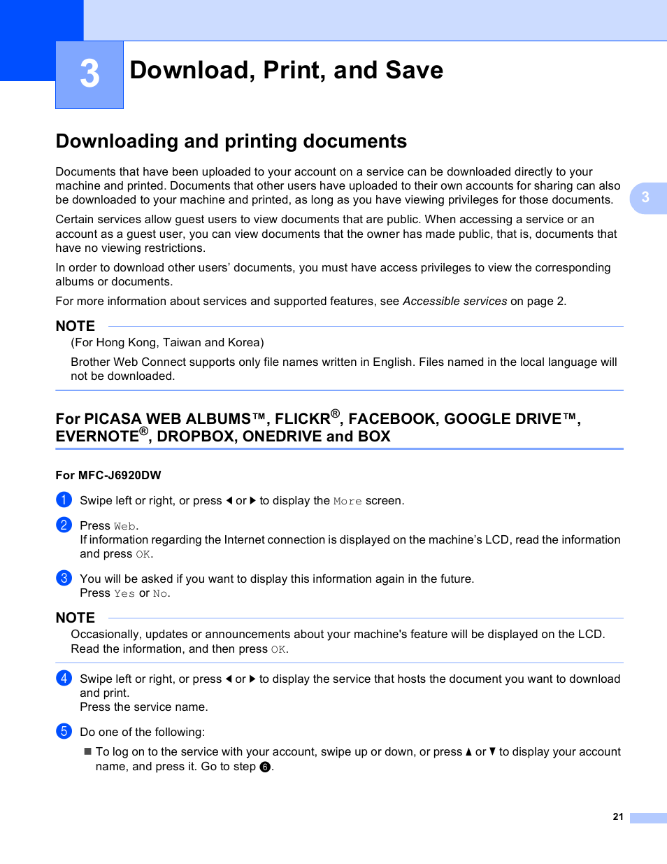 3 download, print, and save, Downloading and printing documents, Download, print, and save | For picasa web albums™, flickr, Facebook, google drive™, evernote, Dropbox, onedrive and box | Brother MFC-J6520DW User Manual | Page 25 / 56