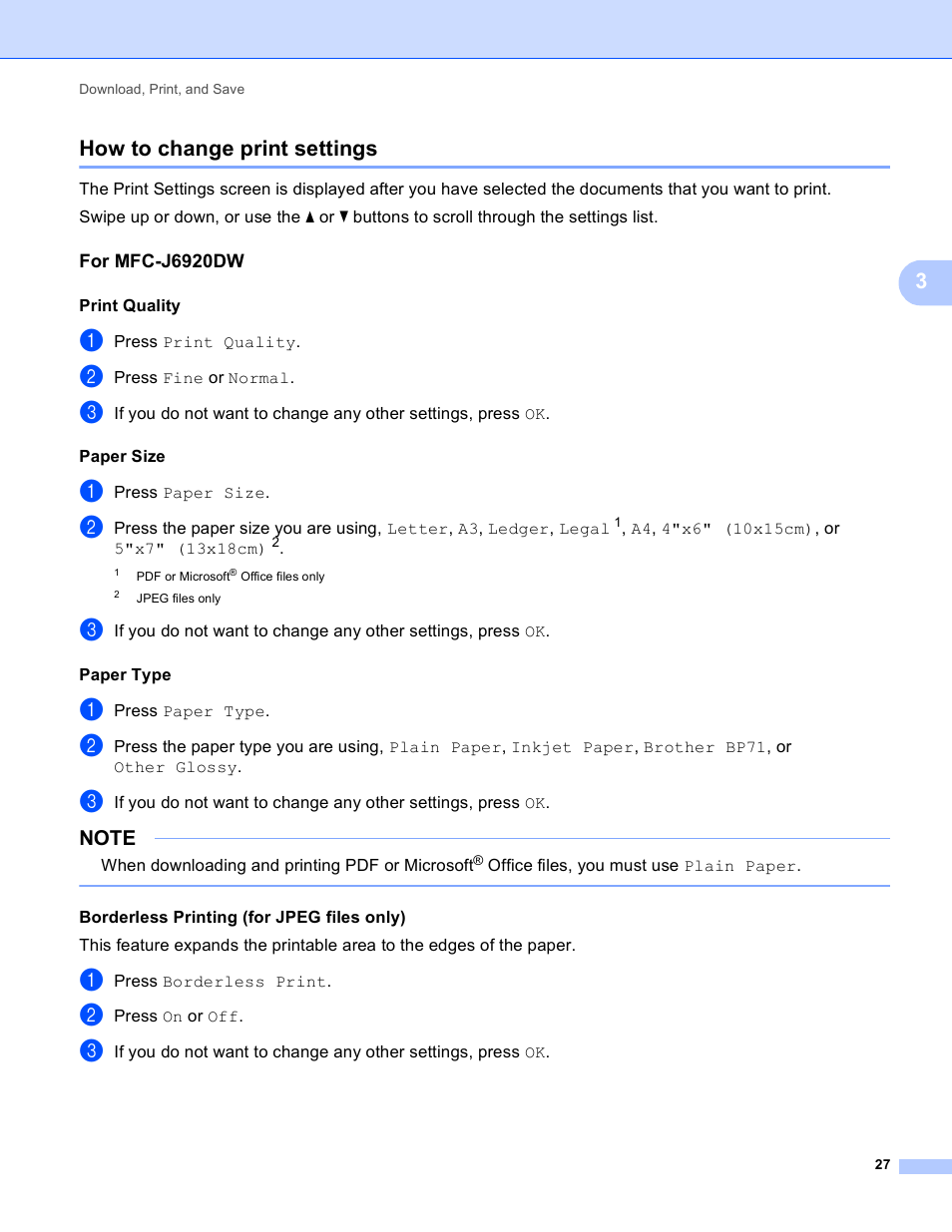 How to change print settings, For mfc-j6920dw, 3how to change print settings | Brother MFC-J6520DW User Manual | Page 31 / 56