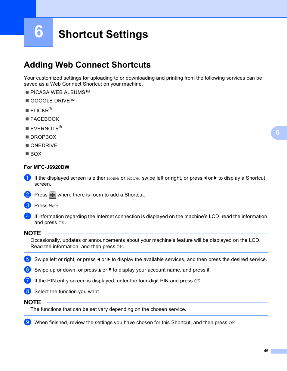 6 shortcut settings, Adding web connect shortcuts, Shortcut settings | Brother MFC-J6520DW User Manual | Page 50 / 56