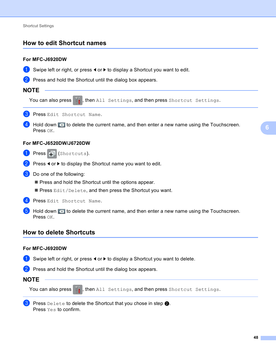 How to edit shortcut names, How to delete shortcuts, How to edit shortcut names how to delete shortcuts | 6how to edit shortcut names | Brother MFC-J6520DW User Manual | Page 52 / 56