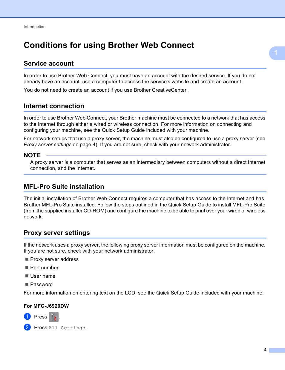 Conditions for using brother web connect, Service account, Internet connection | Mfl-pro suite installation, Proxy server settings | Brother MFC-J6520DW User Manual | Page 8 / 56