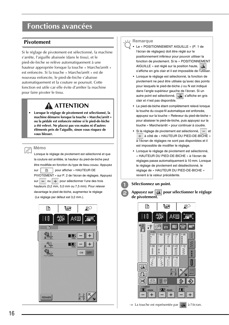 Pivotement, Fonctions avancées pivotement, Fonctions avancées | Attention | Brother Innov-is 2800D User Manual | Page 18 / 40
