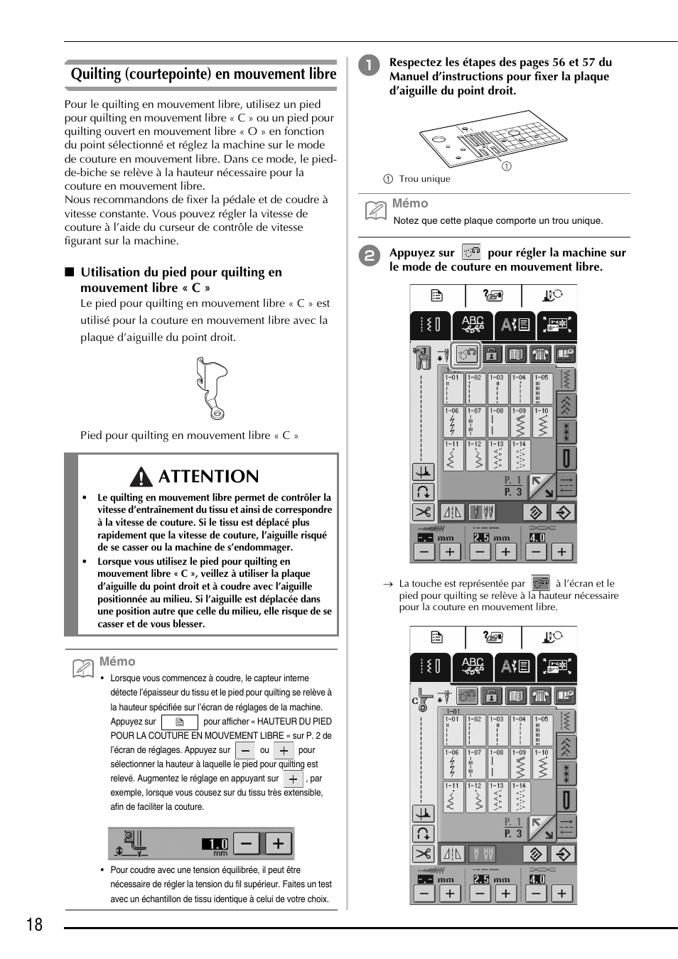 Quilting (courtepointe) en mouvement libre, Attention | Brother Innov-is 2800D User Manual | Page 20 / 40