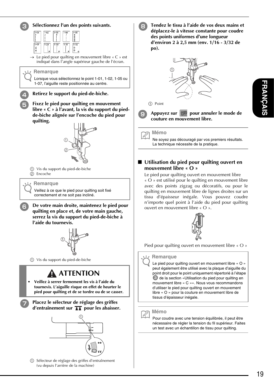 Attention, 19 f ranç ais | Brother Innov-is 2800D User Manual | Page 21 / 40