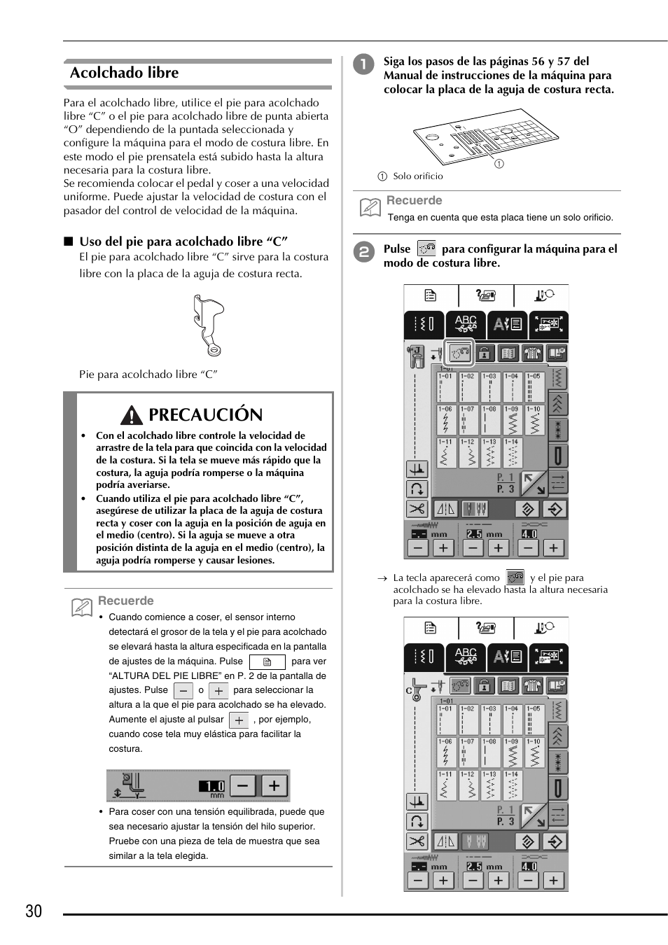 Acolchado libre, Uso del pie para acolchado libre “c, Precaución | Brother Innov-is 2800D User Manual | Page 32 / 40