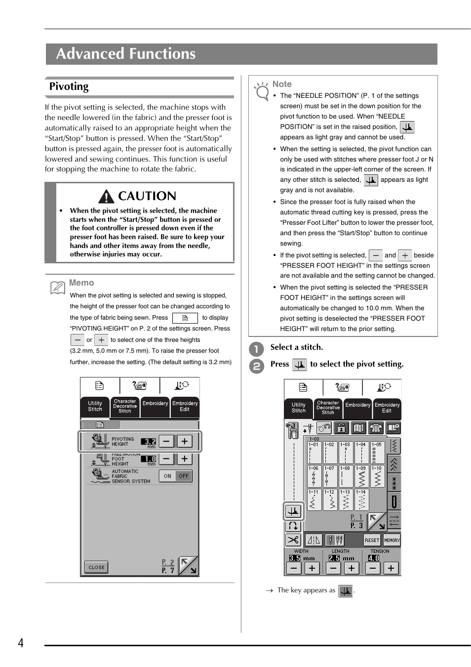 Pivoting, Advanced functions pivoting, Advanced functions | Caution | Brother Innov-is 2800D User Manual | Page 6 / 40