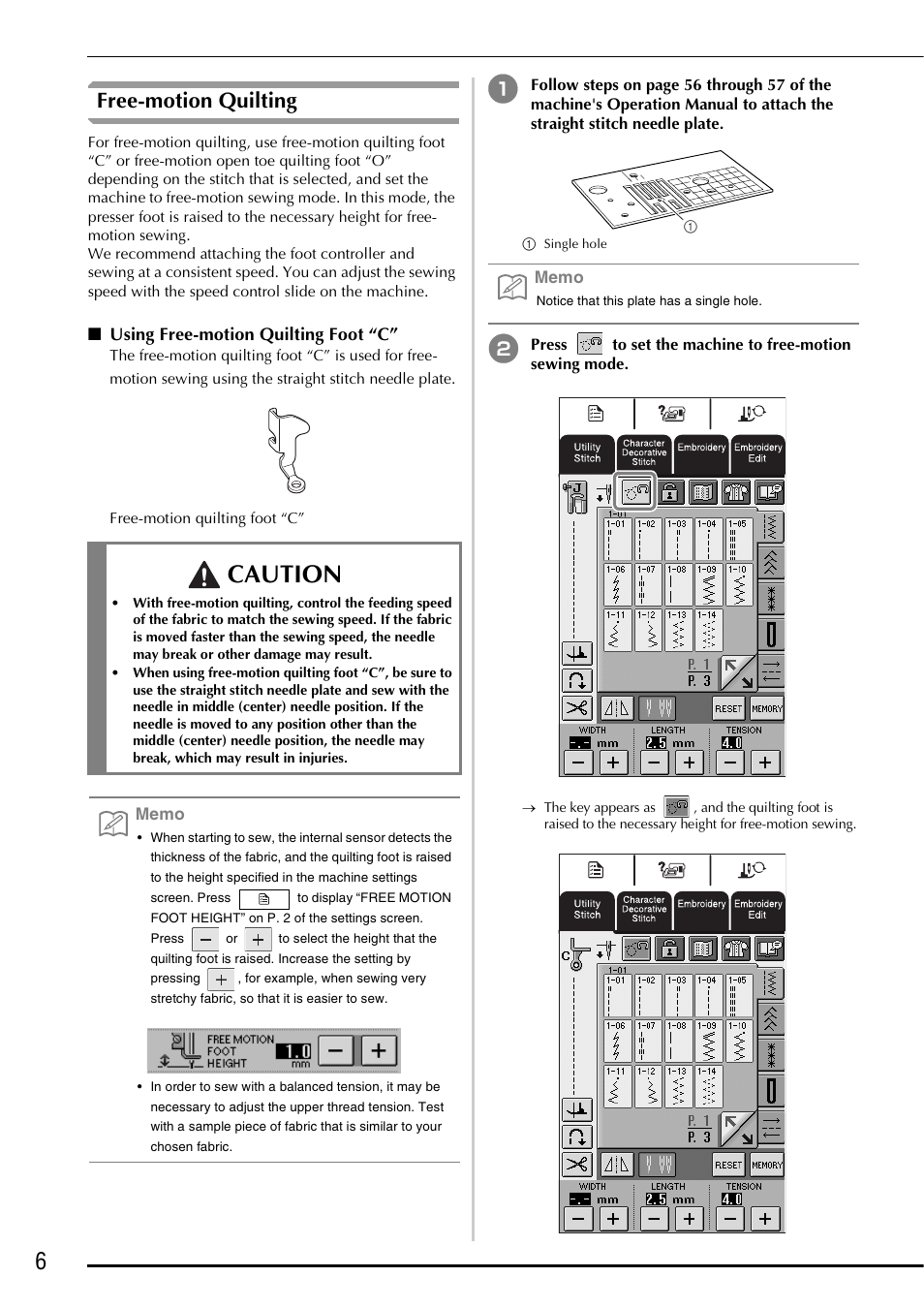 Free-motion quilting, Using free-motion quilting foot “c, Caution | Brother Innov-is 2800D User Manual | Page 8 / 40
