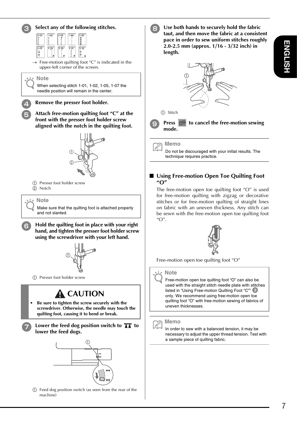 Using free-motion open toe quilting foot “o, Caution, 7engl ish | Brother Innov-is 2800D User Manual | Page 9 / 40