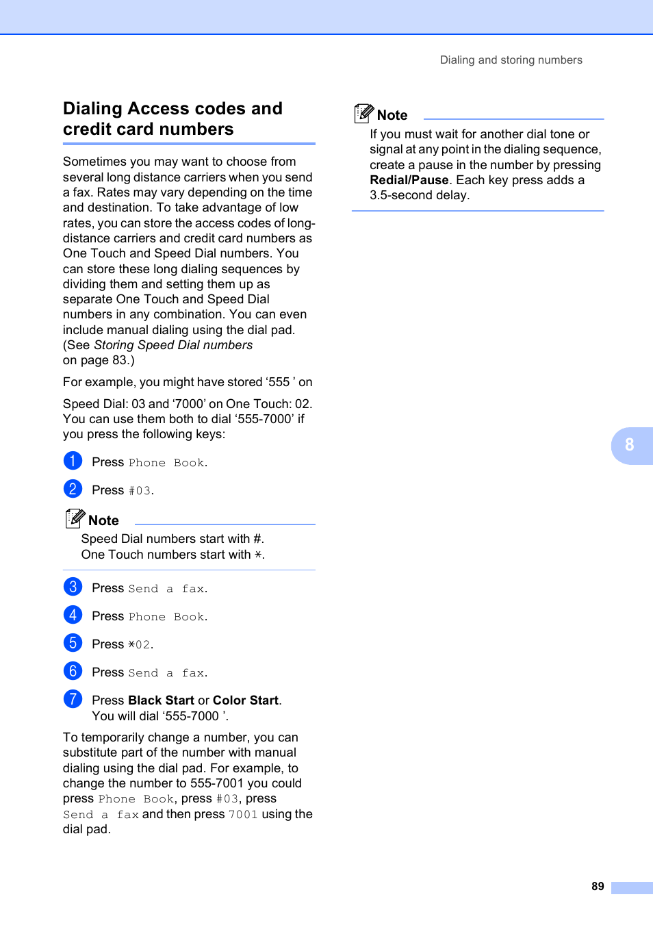 Dialing access codes and credit card numbers, 8dialing access codes and credit card numbers | Brother MFC 6890CDW User Manual | Page 105 / 248