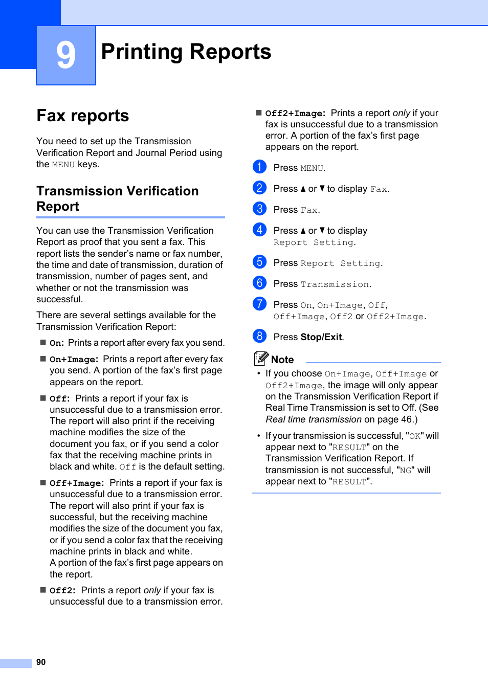 9 printing reports, Fax reports, Transmission verification report | Printing reports | Brother MFC 6890CDW User Manual | Page 106 / 248