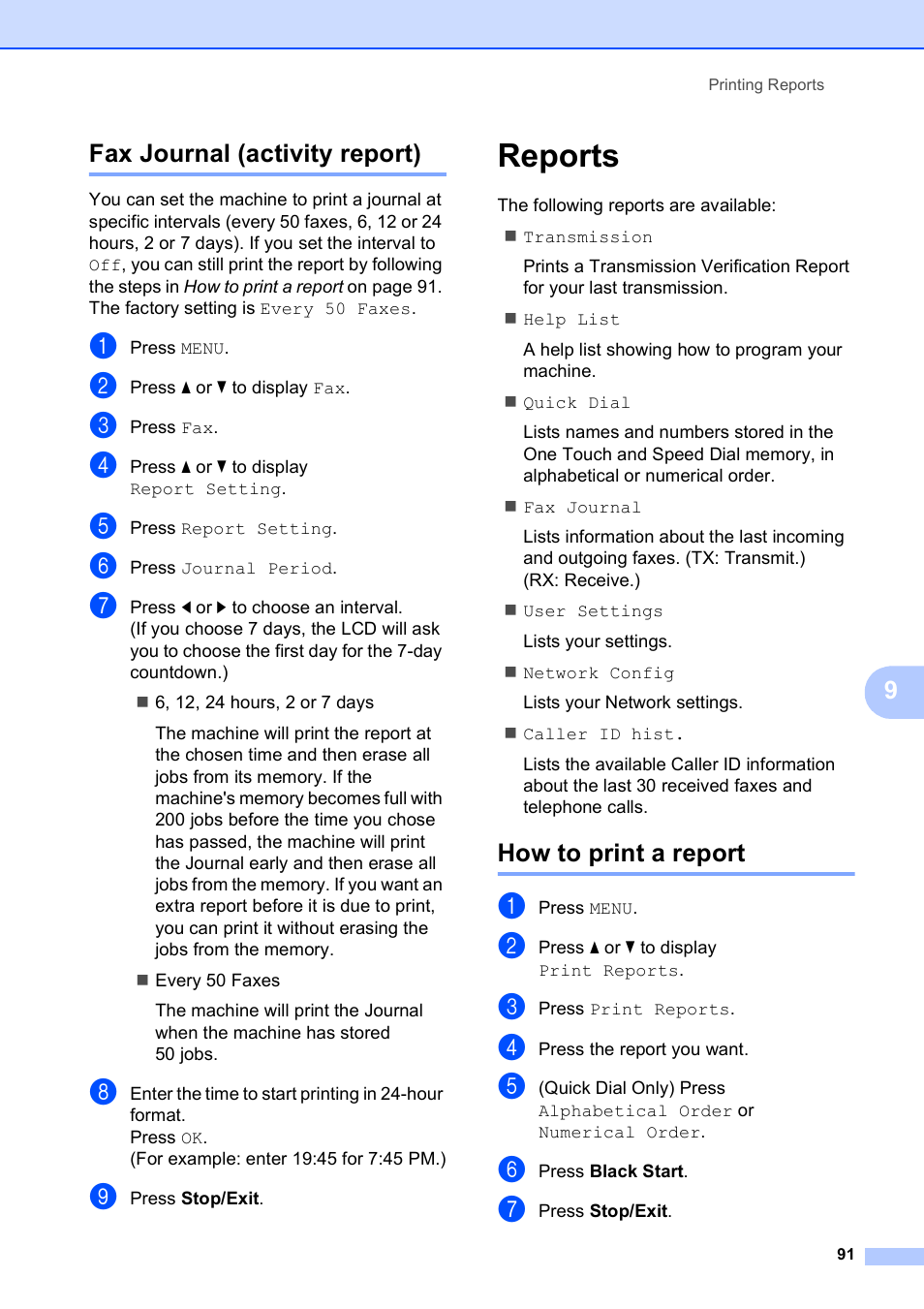 Fax journal (activity report), Reports, How to print a report | 9fax journal (activity report) | Brother MFC 6890CDW User Manual | Page 107 / 248