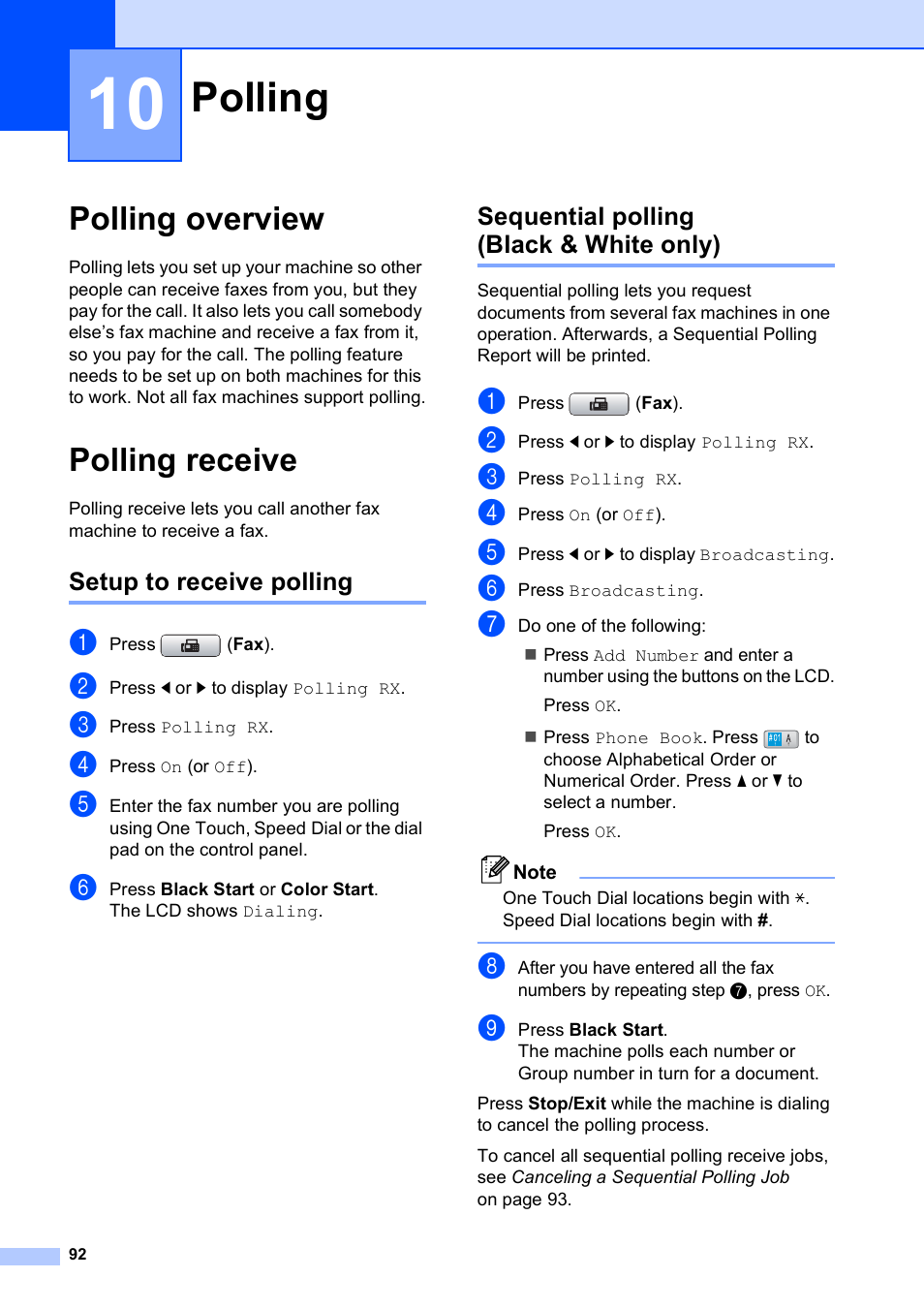 10 polling, Polling overview, Polling receive | Setup to receive polling, Sequential polling (black & white only), Polling, Polling overview polling receive | Brother MFC 6890CDW User Manual | Page 108 / 248