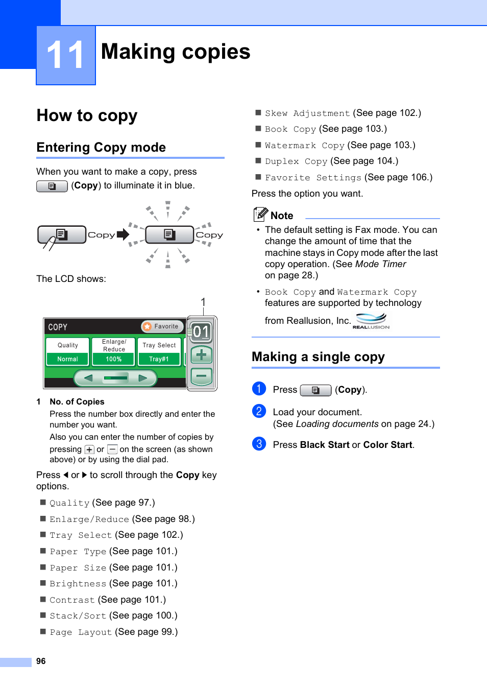 11 making copies, How to copy, Entering copy mode | Making a single copy, Making copies, Entering copy mode making a single copy | Brother MFC 6890CDW User Manual | Page 112 / 248